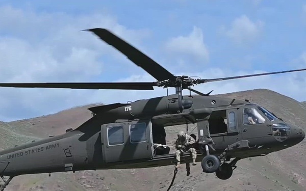 Idaho Army National Guard UH-60M Black Hawk helicopter crew conducts water bucket training.