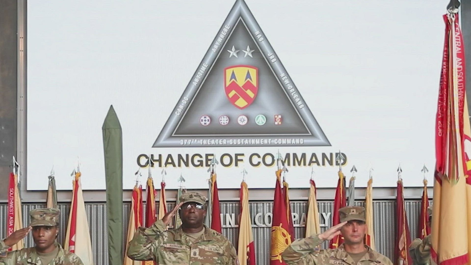 U.S. Army Maj. Gen. Justin Swanson relinquishes command during a change of command ceremony held at The National WWII Museum in New Orleans, June 28, 2026. The ceremony honors Swanson's leadership and service as the outgoing commander before authority is officially transferred to the incoming commander, Maj. Gen. Jake Kwon. (U.S. Army Reserve video by Sgt. Fernando Candia)
