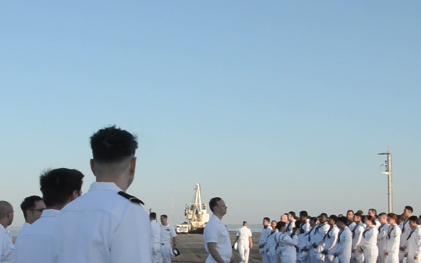 Sailors Man the Rails in New York Harbor