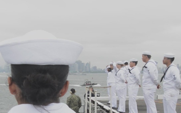 Sailors Man the Rails in New York Harbor