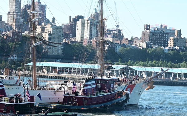 B-Roll: U.S. Coast Guard Cutter Eagle Departs New York During Sail250 Parade of Sail