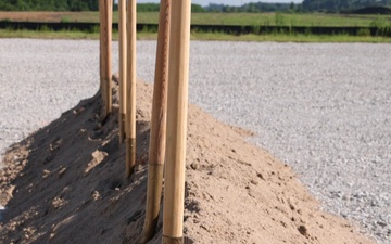 Shovels in the dirt prepared to break ground on the new Future Artillery complex at Iowa Army Ammunition Plant