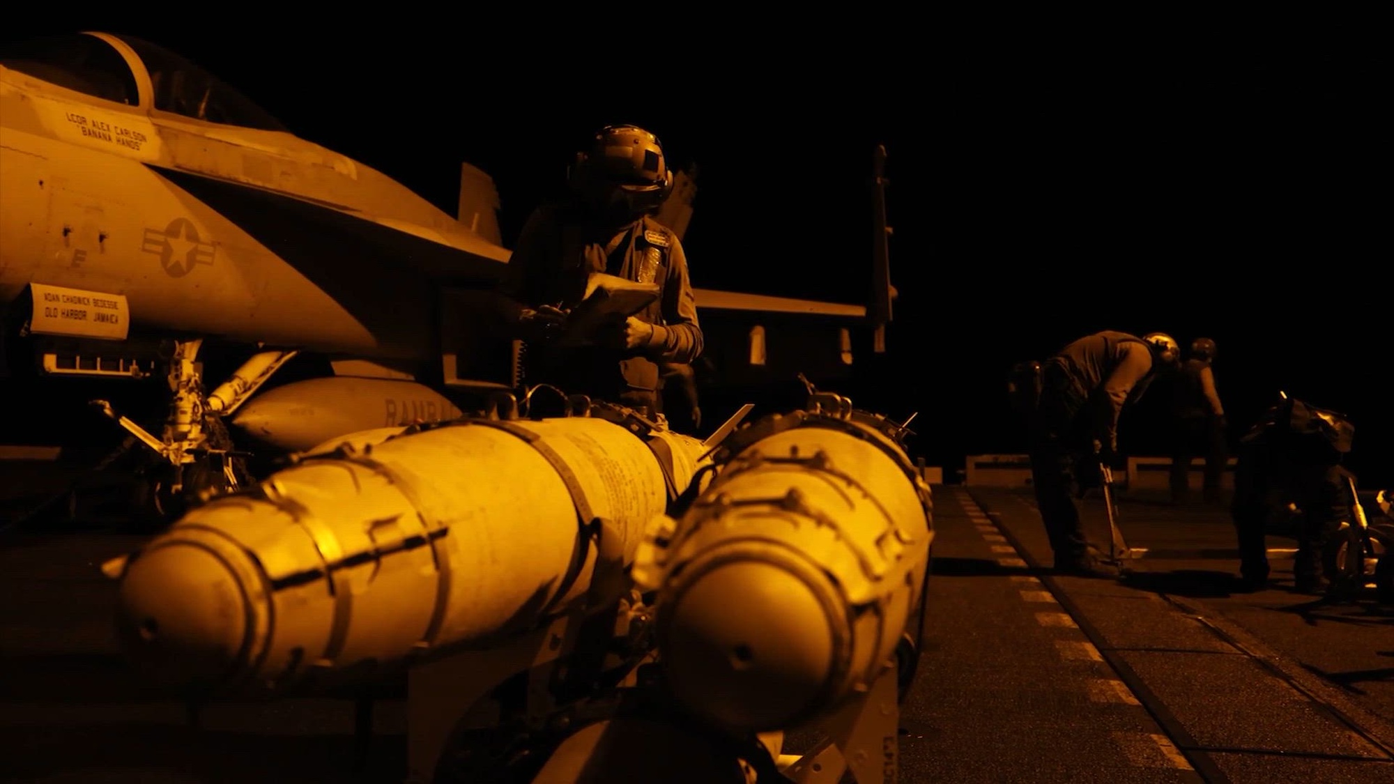 Video footage of U.S. forces launching precision strikes targeting Iranian military capabilities.