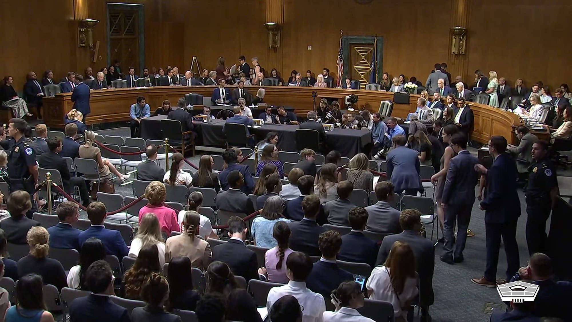 Secretary of War Pete Hegseth and Air Force Gen. Dan Caine, chairman of the Joint Chiefs of Staff, testify on the president’s $87.6 billion emergency supplemental funding request during a hearing before the Senate Appropriations Committee in Washington, July 21, 2026. The request includes funding for the War and Agriculture Departments, among other priorities. Also testifying are Agriculture Department Secretary Brooke Rollins, Sen. Ted Budd of North Carolina, Sen. Alex Padilla of California and Sen. Mike Rounds of South Dakota