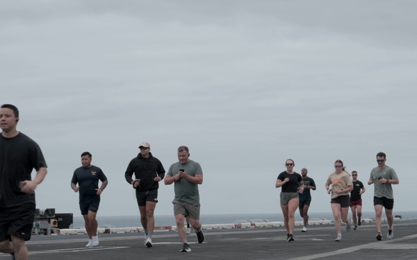 B-Roll: USS Theodore Roosevelt Sailors conduct flight deck physical training during RIMPAC 2026