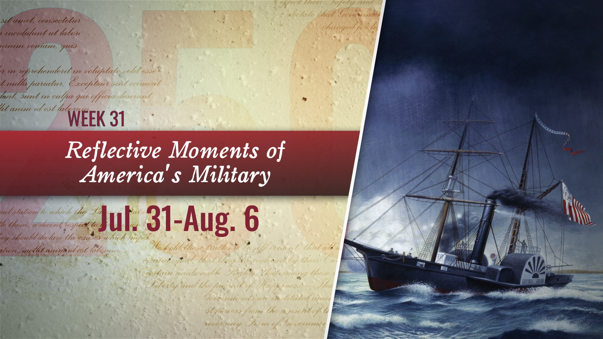 Graphic with title and date information on left and an image of a tall ship in rough waters on the right.