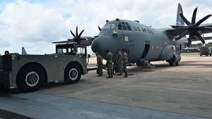 Airmen reposition C-130 after 166th Airlift Wing deployment ceremony