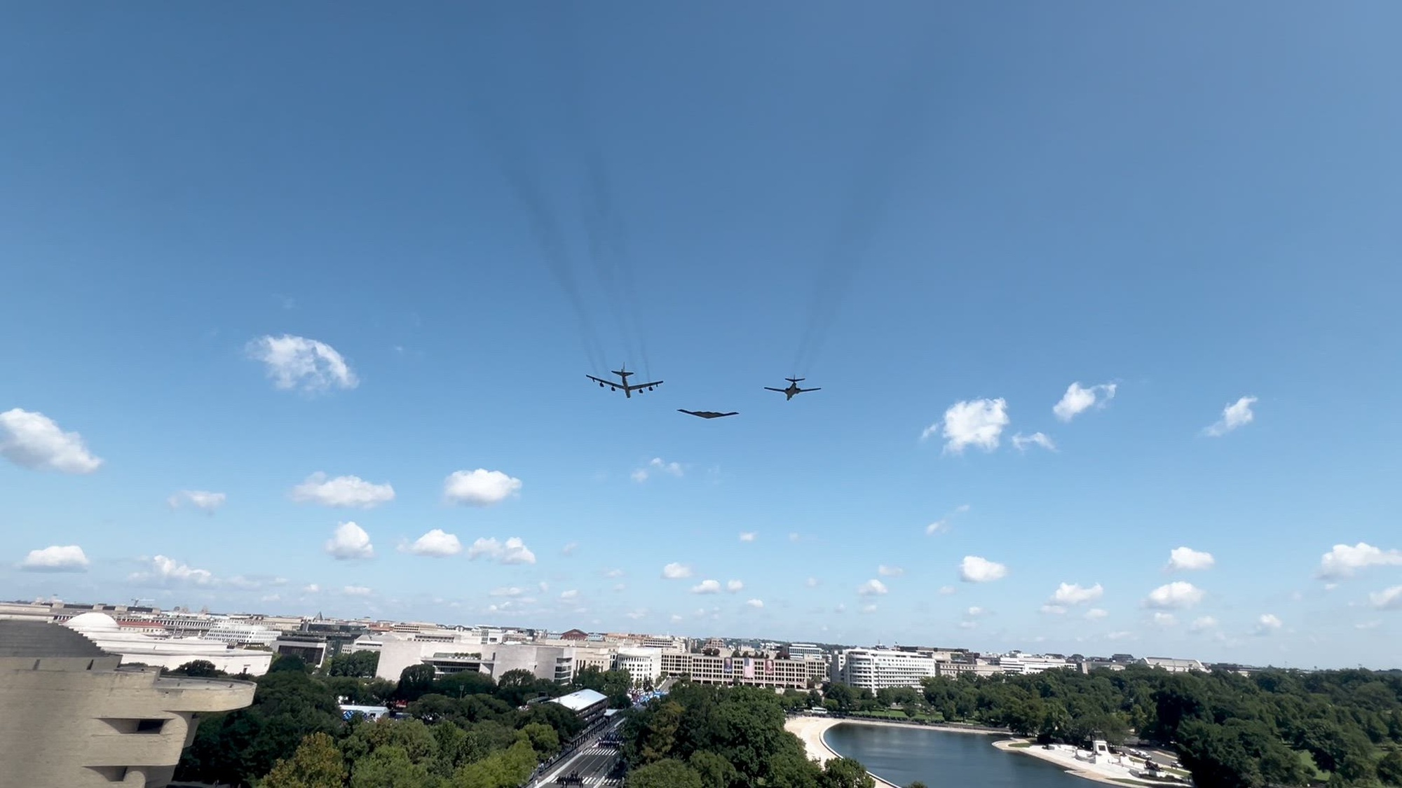 A B-1B Lancer, B-2 Spirit and B-52 Stratofortress fly over Washington, D.C., Aug. 23. Representing Dyess, Whiteman and Barksdale Air Force bases, the aircraft performed the flyover ahead of the IndyCar Freedom 250 Grand Prix in celebration of America’s 250th anniversary. Flyovers are a time-honored way to connect with the American public—honoring the past, celebrating the present and inspiring future generations. (U.S. Air Force video by Capt. Richard Caesar)