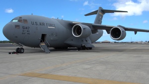 C-17 Takes off from Hawaii to pick-up electrical trunks in California for Recovery From Hurricane Lala