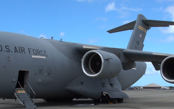 C-17 Takes off from Hawaii to pick-up electrical trunks in California for Recovery From Hurricane Lala