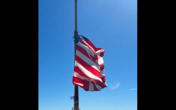 Coast Guard Cutter Bristol Bay (WTGB 102) flies the American Flag following the completion of Operation Spring Restore 2026