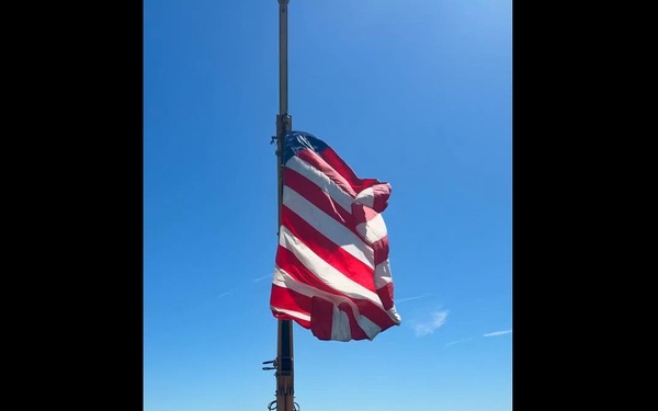 Coast Guard Cutter Bristol Bay (WTGB 102) flies the American Flag following the completion of Operation Spring Restore 2026