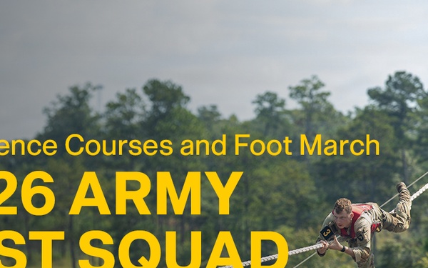 2026 U.S. Army Best Squad Competition: Combat Water Survival Relay Race, Warrior Training Center Obstacle Course, Malvesti Obstacle Course, Norwegian Foot March, and Modified Combat Fitness Test