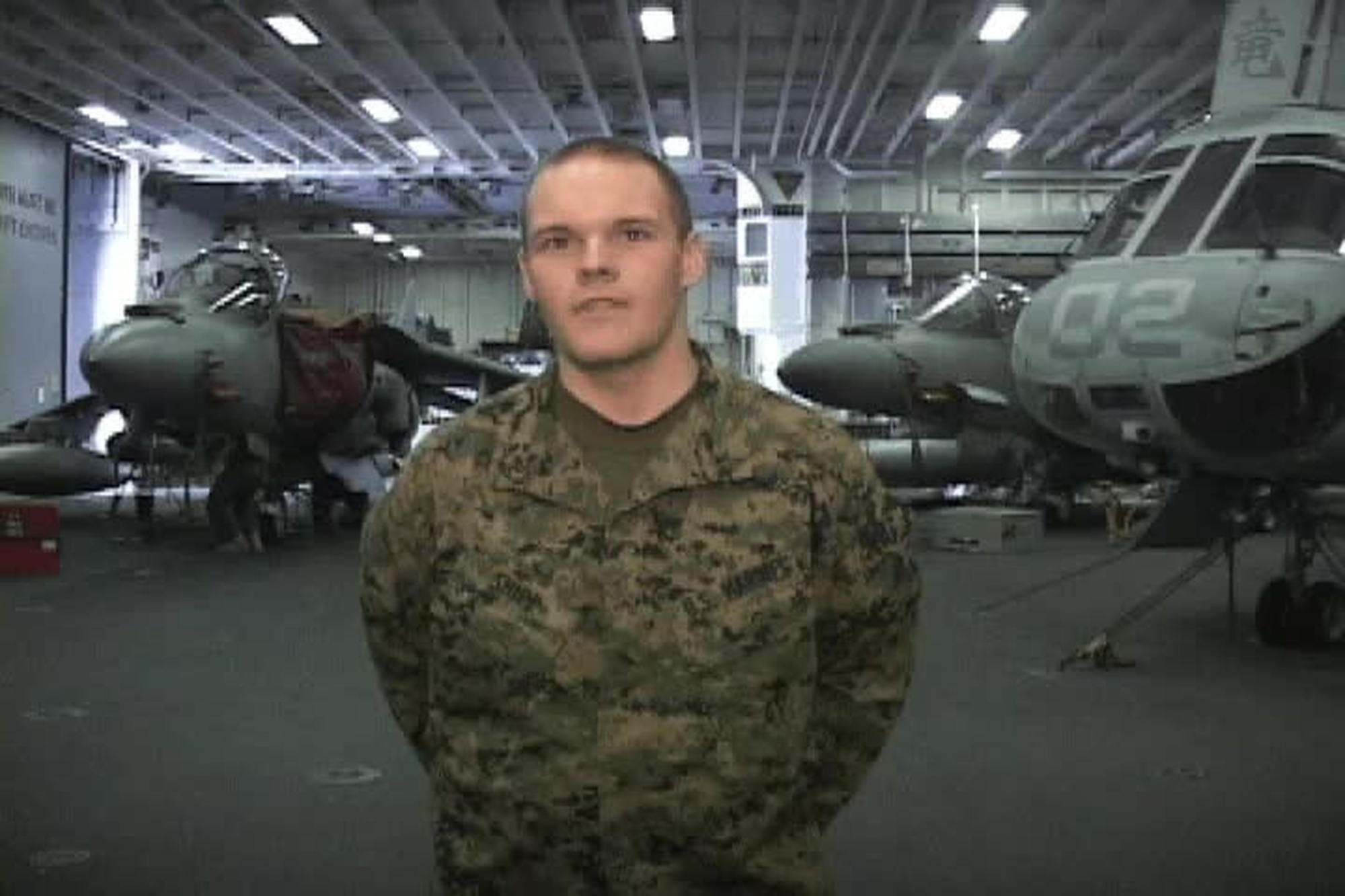 Lance Cpl. Jason Shipp sends a greeting to Centerville, Kansas from ABOARD USS ESSEX, At Sea for Holiday Season 2007