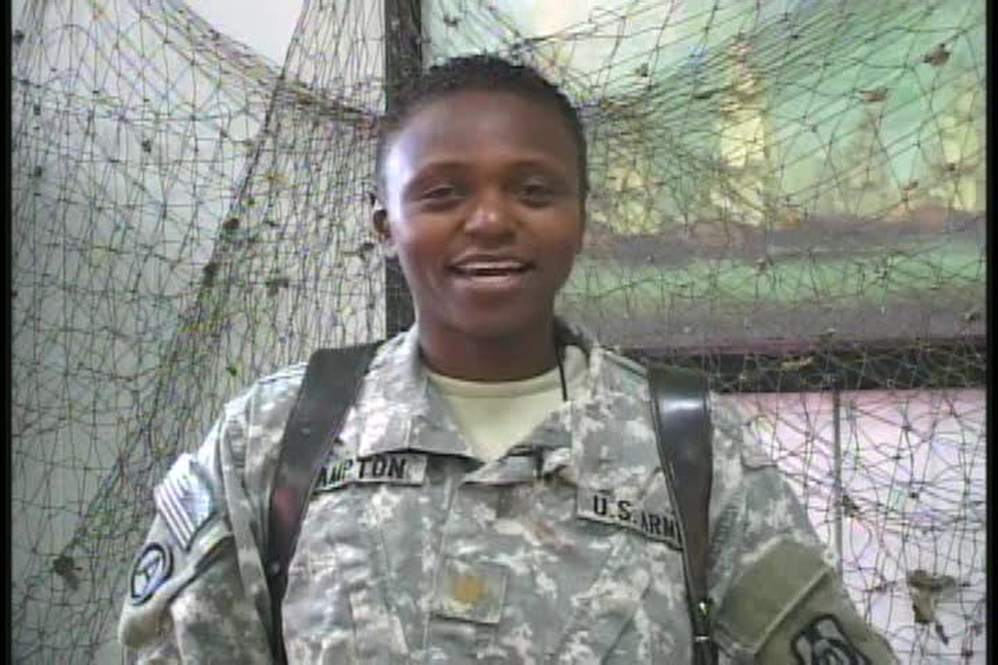 Maj. Brigitte Hampton sends a greeting to Pilot Mountain, North Carolina from Logistics Support Area Adder, Iraq for Holiday Season 2007