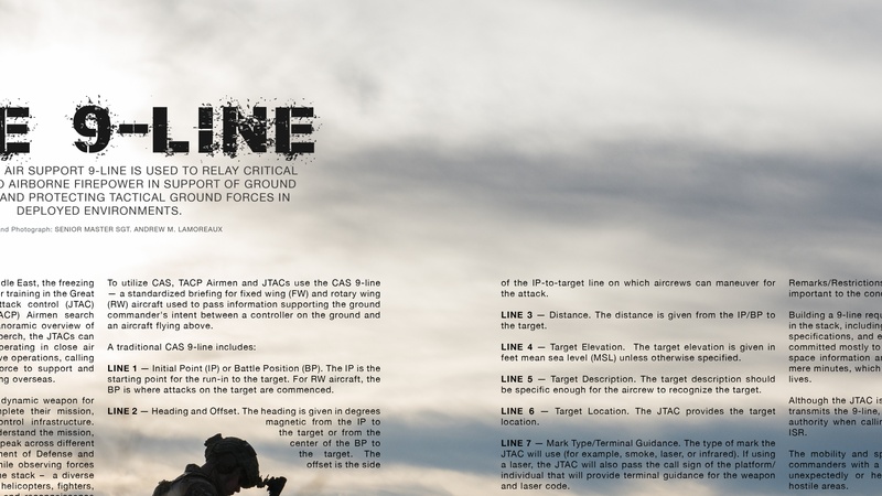 The 9-Line: How the close air support 9-line is used to relay critical information to airborne firepower in support of ground commanders and protecting tactical ground forces in deployed environments.