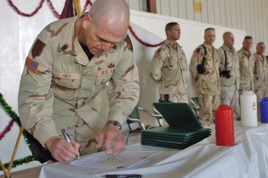 CSM Erik Frey welcomes newly promoted Soldiers
