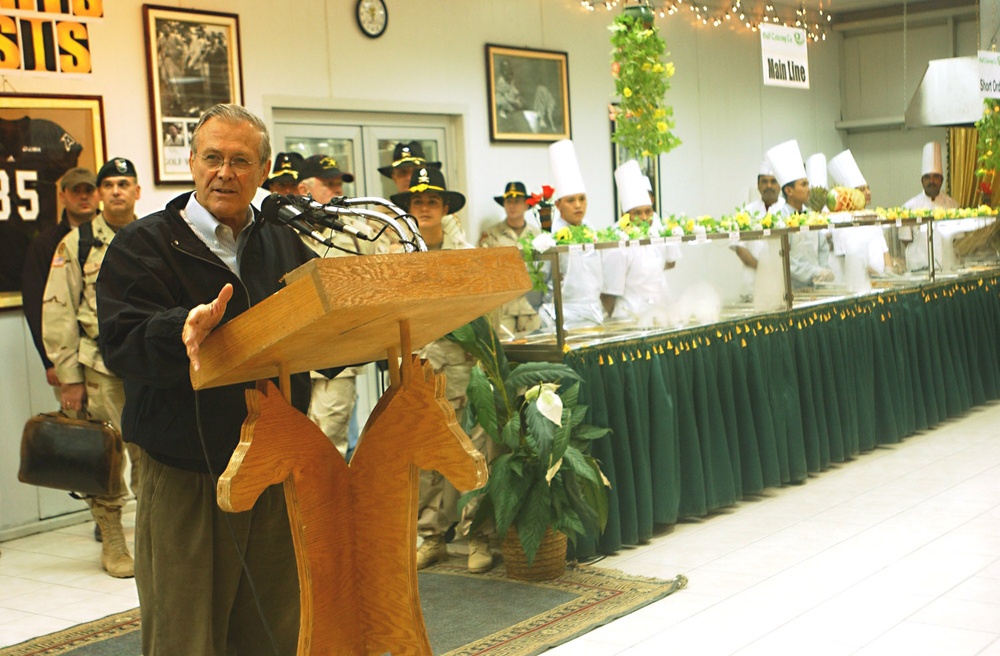 Donald Rumsfeld addresses the Soldiers
