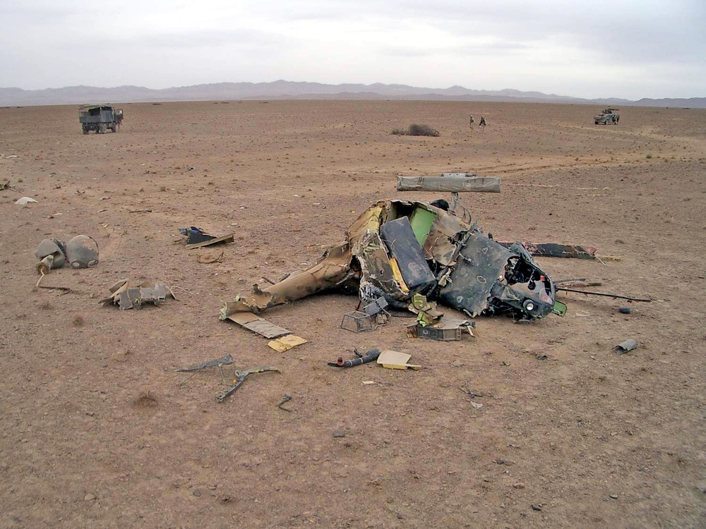 The wreckage after soldiers rescued the pilots