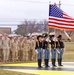 Soldiers stand in formation during a brief welcoming ceremony