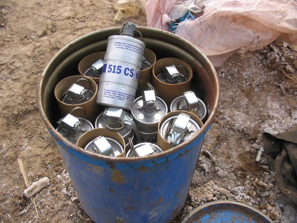 Canisters of CS gas, sometimes used for crowd control