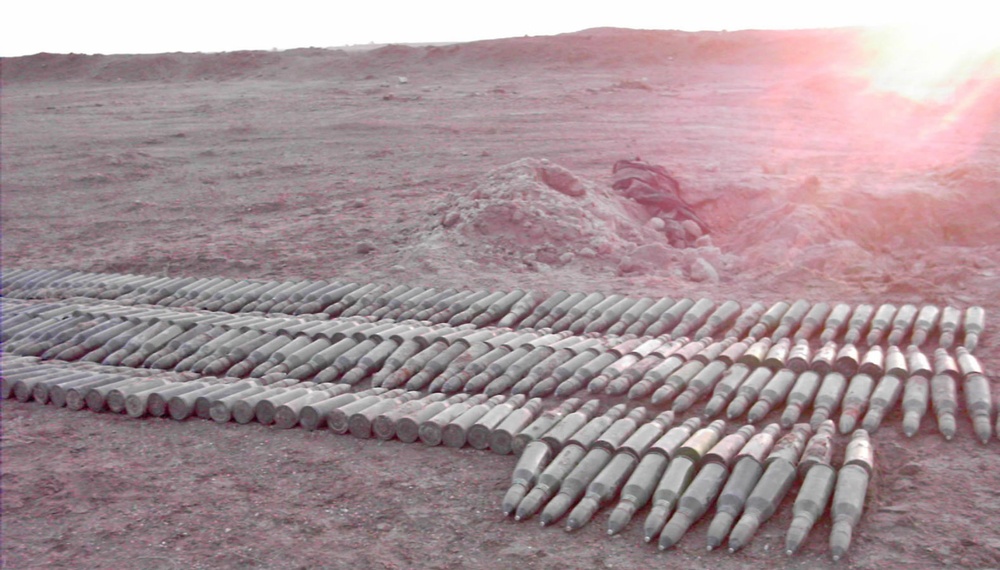 Hundreds of 57-millimeter anti-aircraft shells are laid out