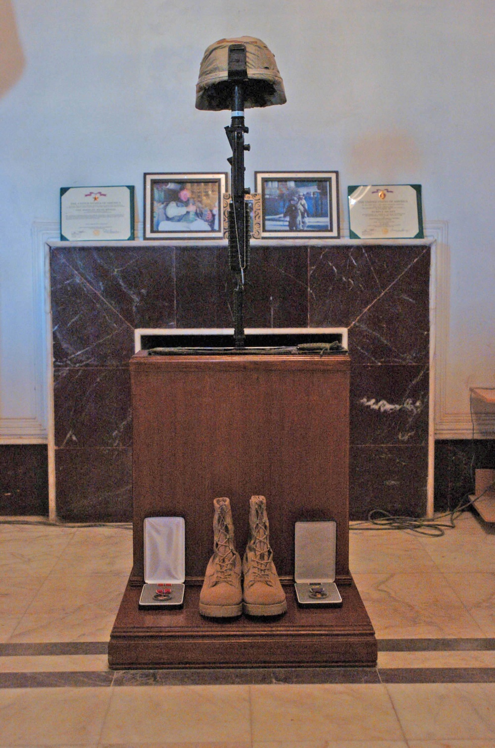 The symbol of a fallen Soldier stands in Victory Chapel