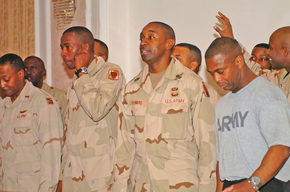 Sgt Maj. Douglas Howard practices with the gospel choir