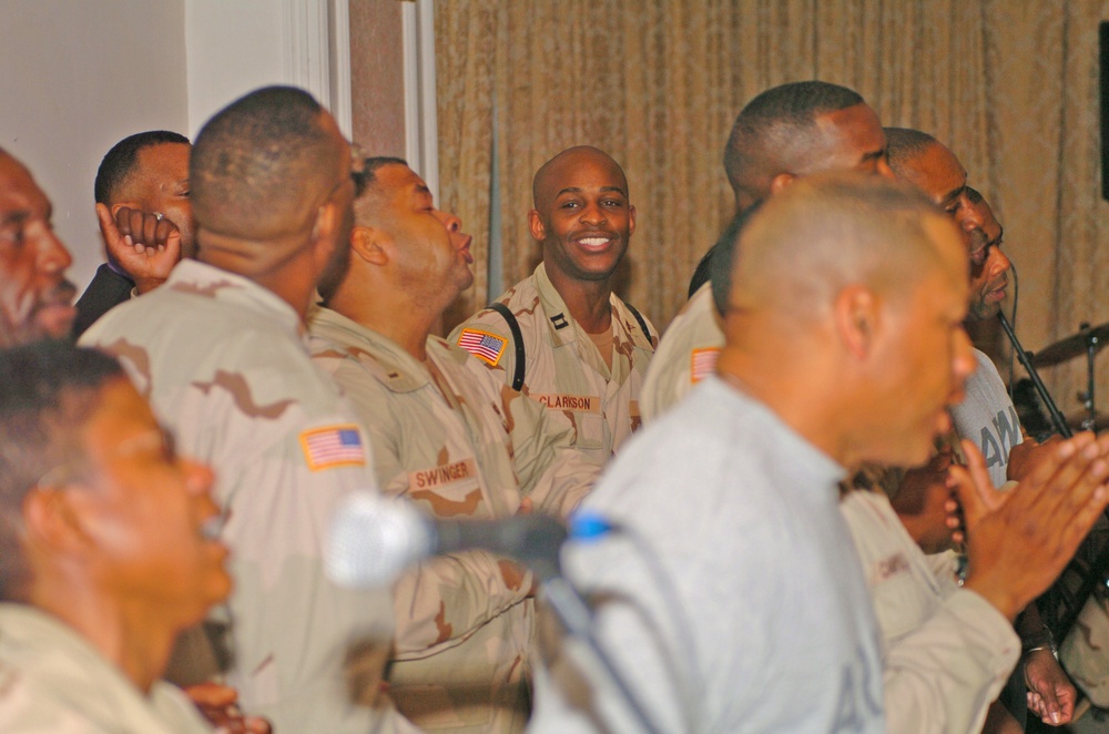 Members of the Camp Victory, Iraq, gospel choir practice