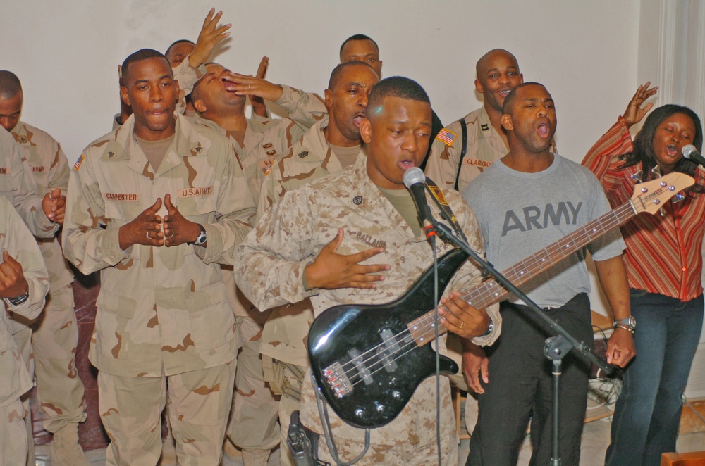 Staff Sgt. Hewitt Ballard practices with the gospel choir