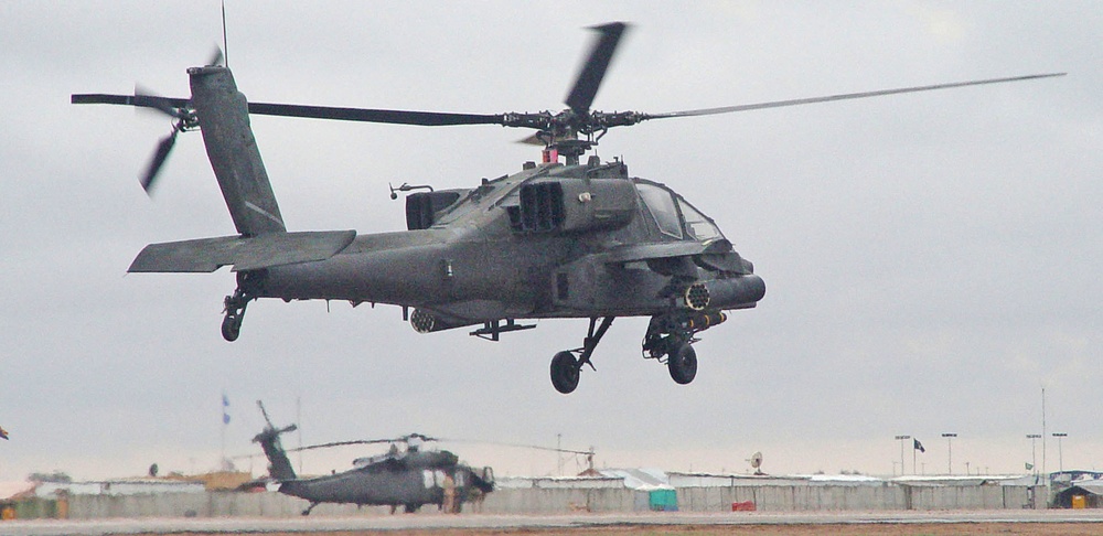 UH-64D Apache Longbow takes off on a routine patrol