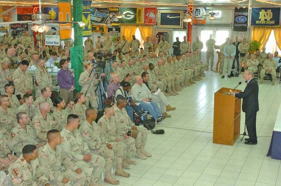 Donald Rumsfeld answers questions from Soldiers