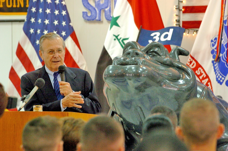 Donald Rumsfeld answers questions from Soldiers