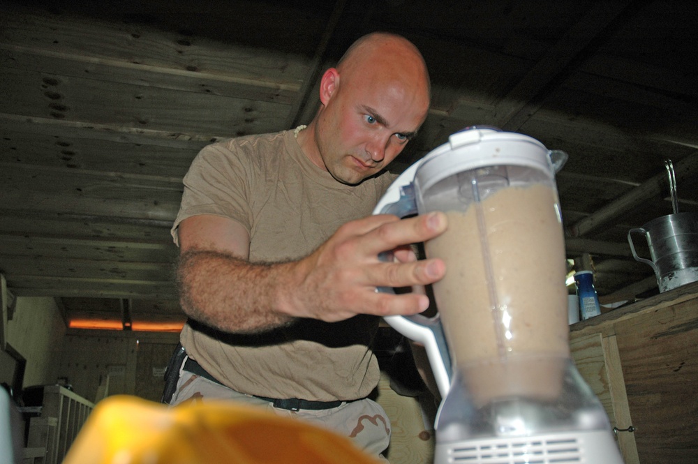 SFC Rick Wiess blends the first-ever batch of iced coffee