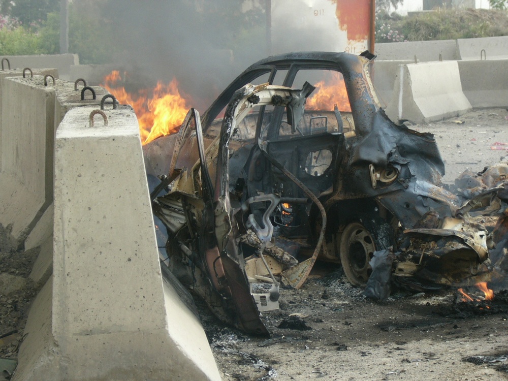 A car bomb burns itself out