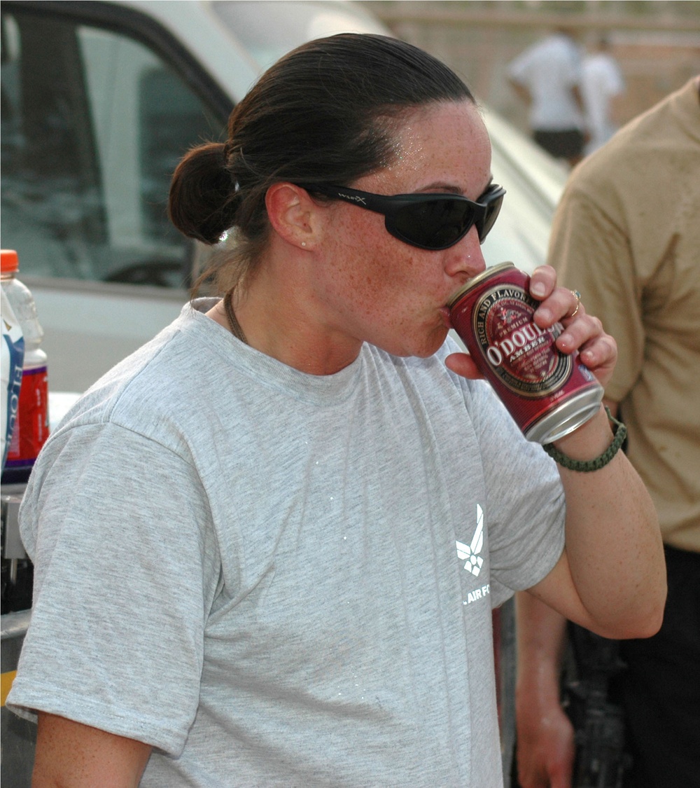 SSgt. Cheryl Migas enjoys an ice-cold nonalchoholic beer