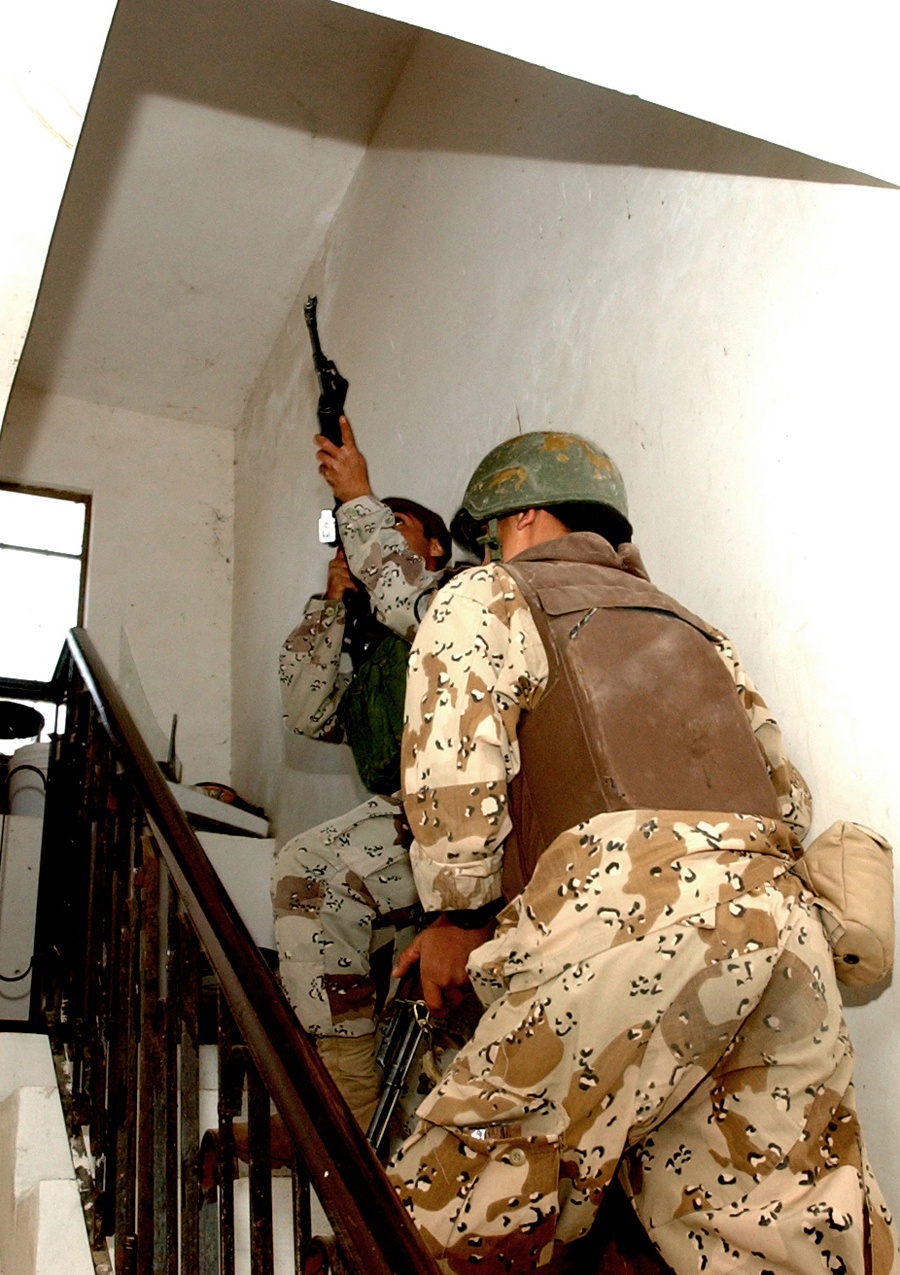 Iraqi Army soldiers searched houses in the town of Al Julaam