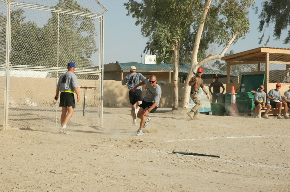 A Soldier with team Alamo Warriors runs into home