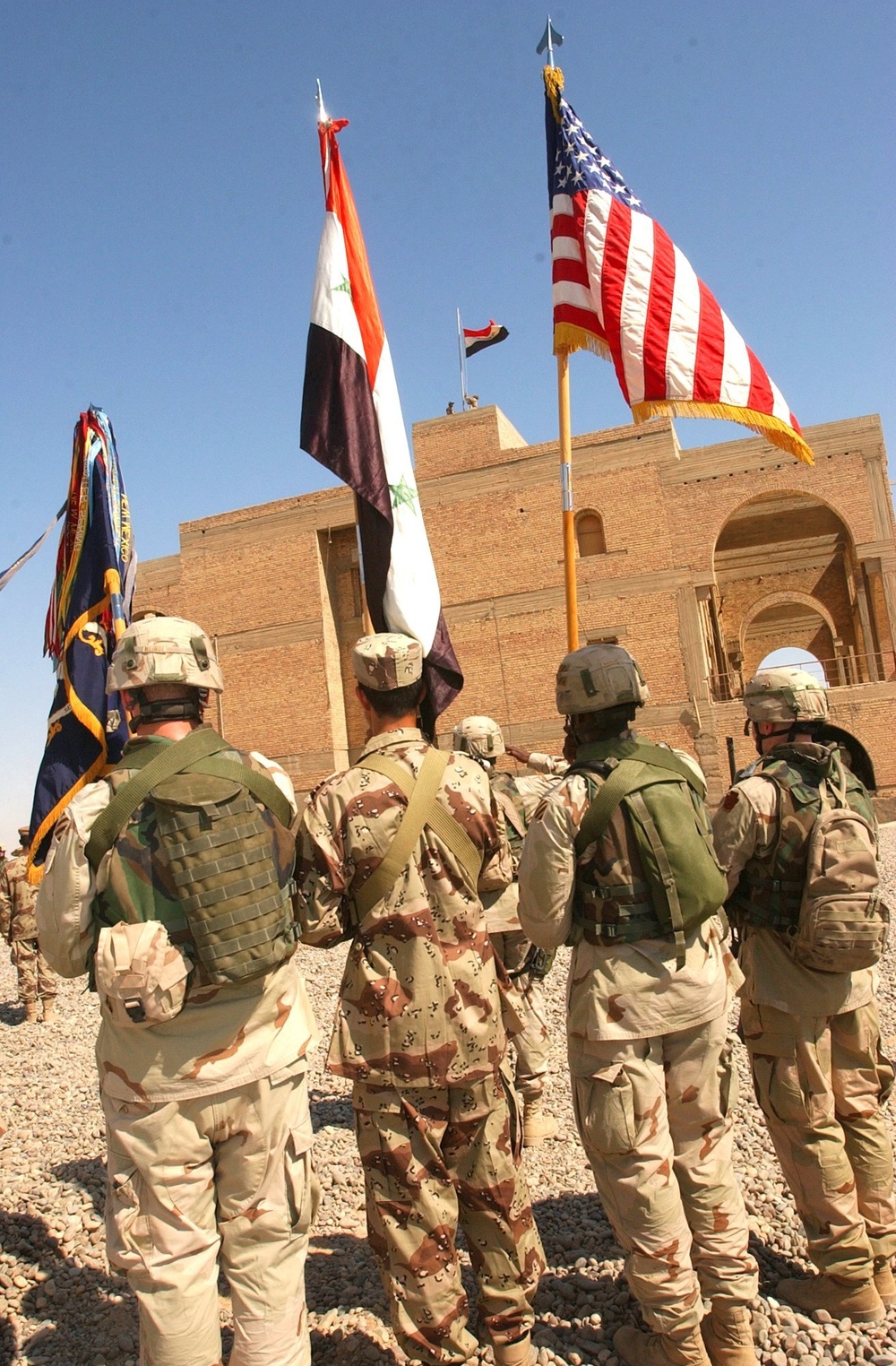 The Iraqi Colors fly over Forward Operating Base Omaha