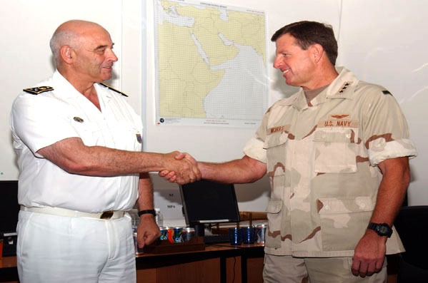 Vice Adm. David Nichols welcomes in French Vice Adm. Jacques Maz