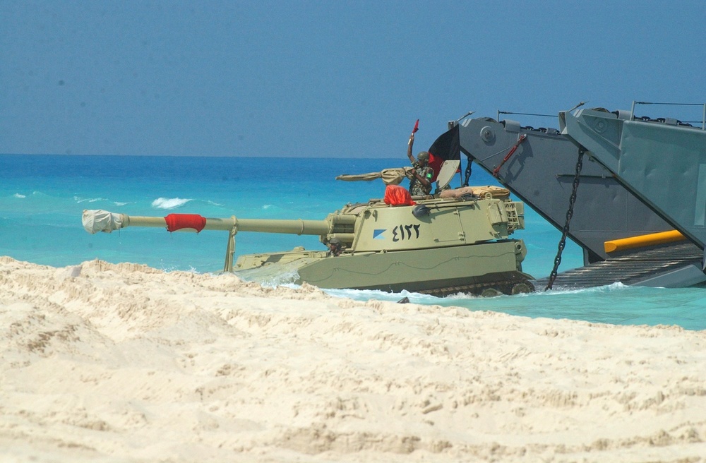 An Egyptian M-60 tank leaves an American LCU