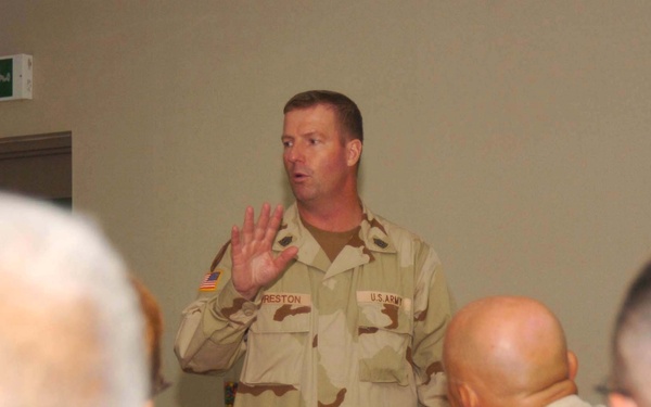 Sgt. Maj. of the Army Preston talks to a group of Sgts. Major at Camp Arifj