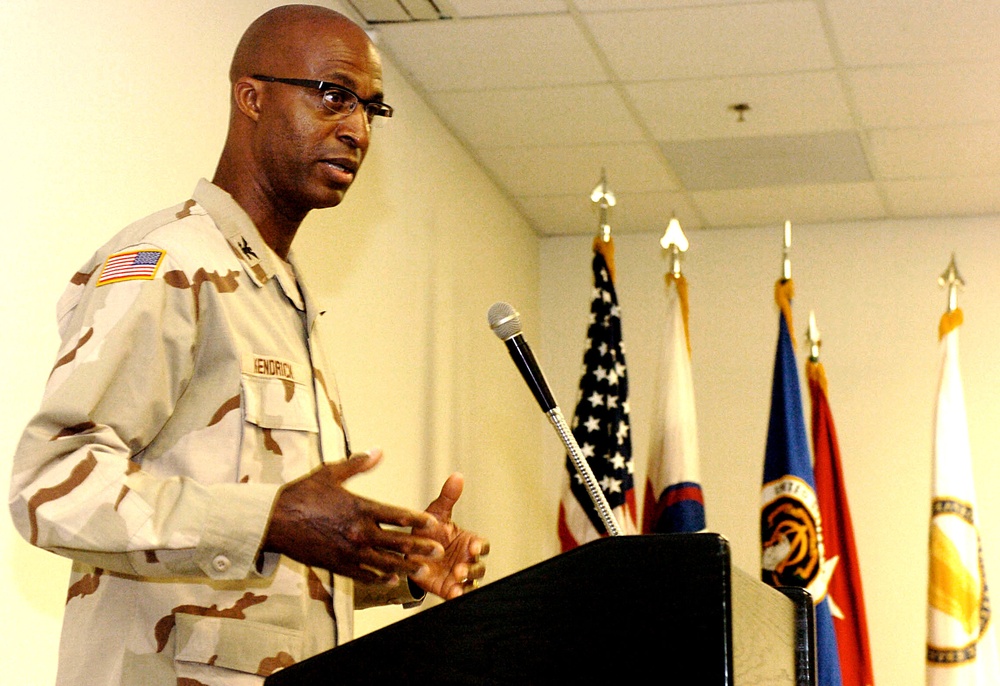 Col. Robert Kendrick speaks during a change of command ceremony