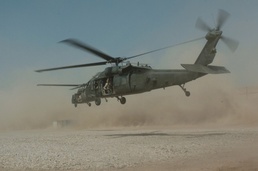 A UH-60 Black Hawk departs from FOB Falcon to look for insurgents