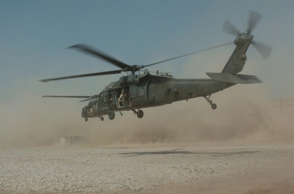 A UH-60 Black Hawk departs from FOB Falcon to look for insurgents