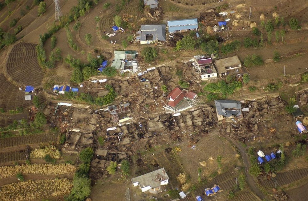 An aerial view shows the destruction around Balakot, Pakistan