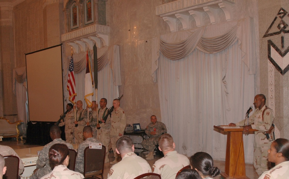 Brig. Gen. Granger speaks to a crowd of assembled Soldiers during a transfe