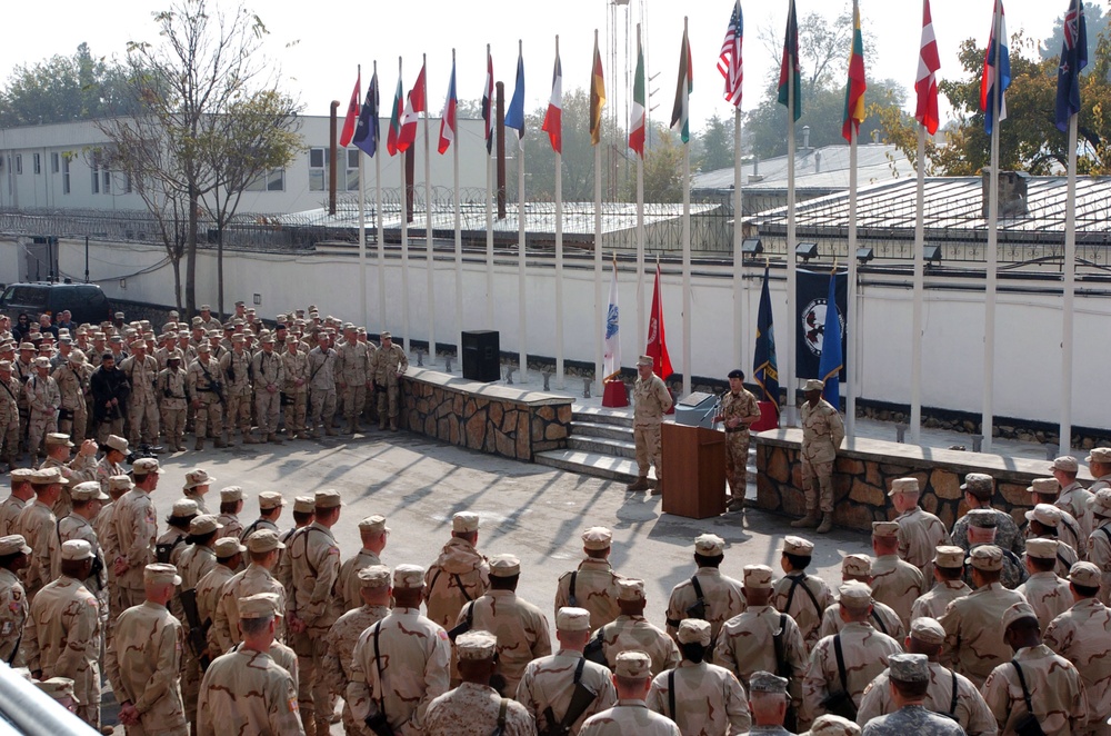 KABUL, Afghanistan -- Service members gathered today in Camp Eggers for Veterans Day.  A ceremony was held to honor those who have fallen while in service.