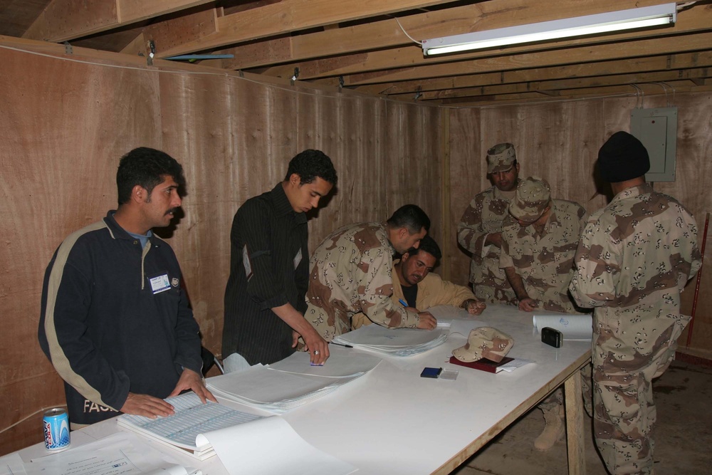 Two Soldiers get their ballots from poll workers