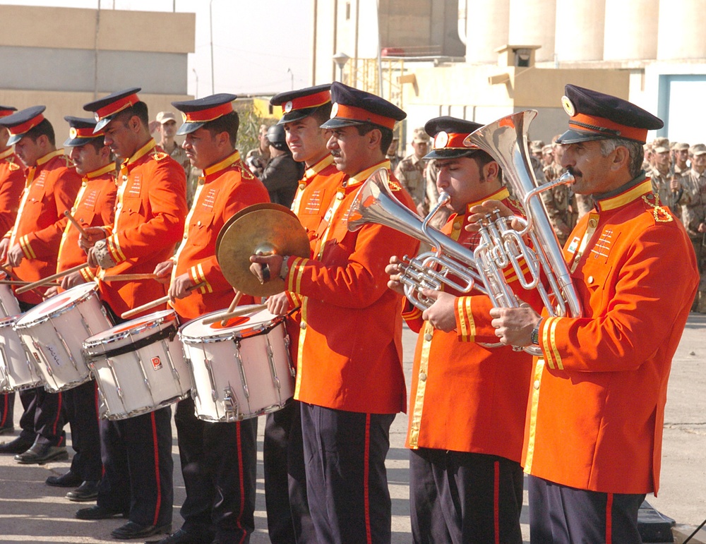 A Kurdish military band plays the Iraqi national anthem